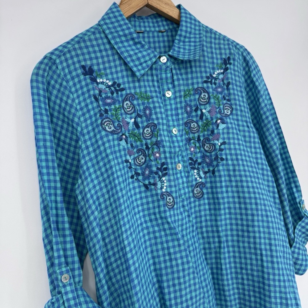 Multiples Embroidered Gingham Tunic Top Blue Teal… - image 2